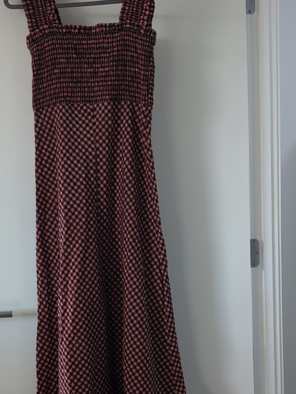 Ganni Black and Pink Checked Smocked Maxi Dress